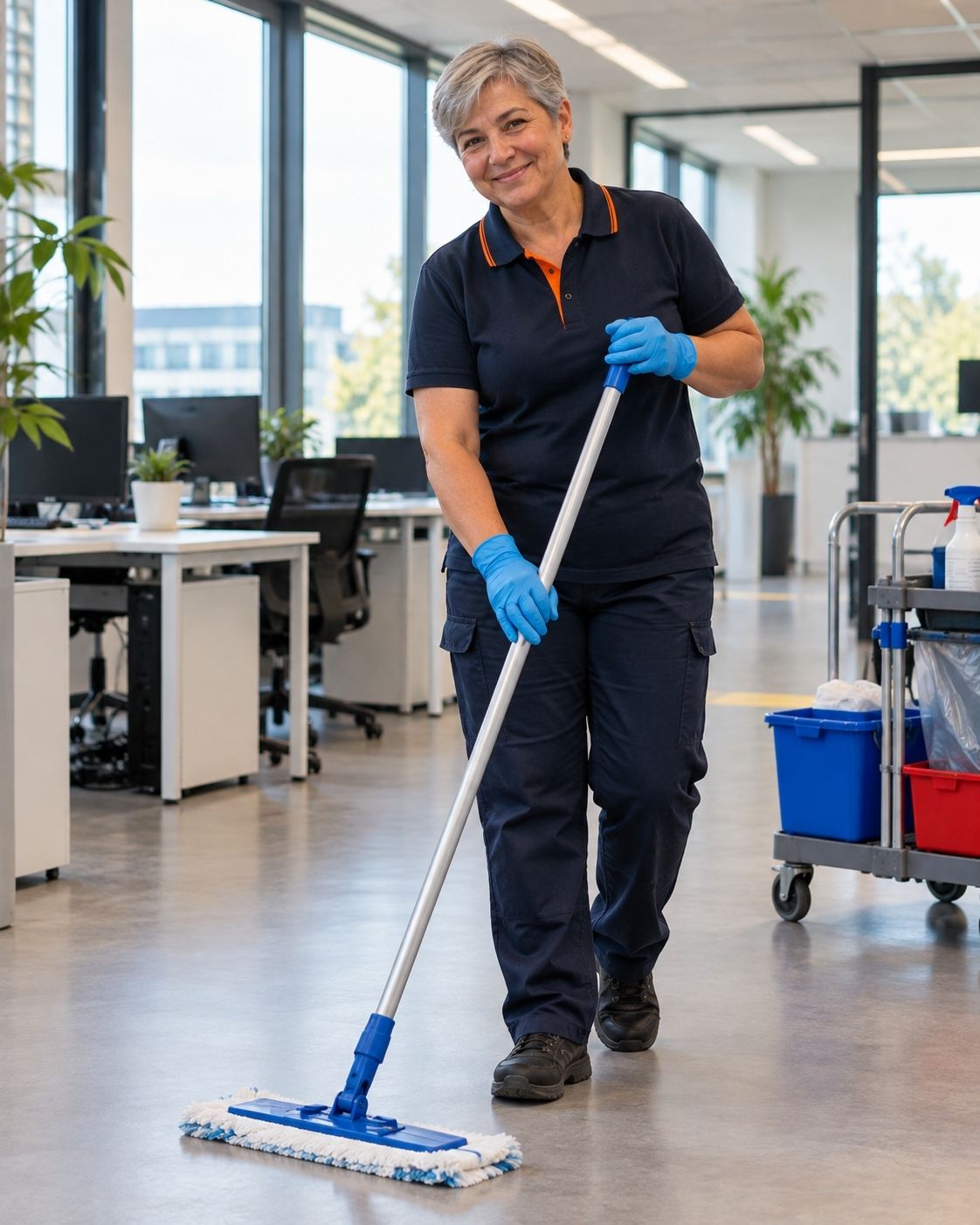 Schoonmaker aan het werk in een kantoorpand